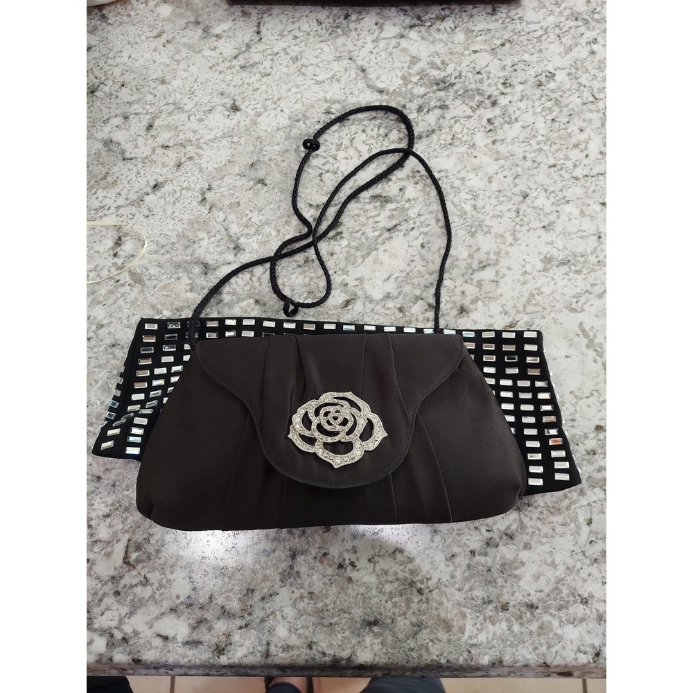Kate Landry Evening Bag, Rhinestone Rose Emblem, Satin, Magnetic Snap, Silk Cord